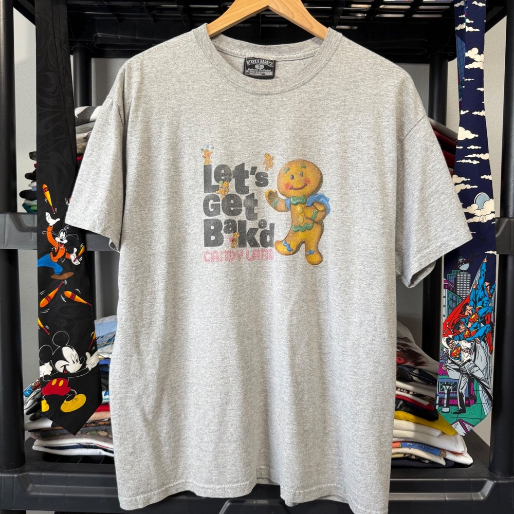 Steve & Barrys T Shirt Let's Get Baked Candy Land Large Grey Graphic Tee